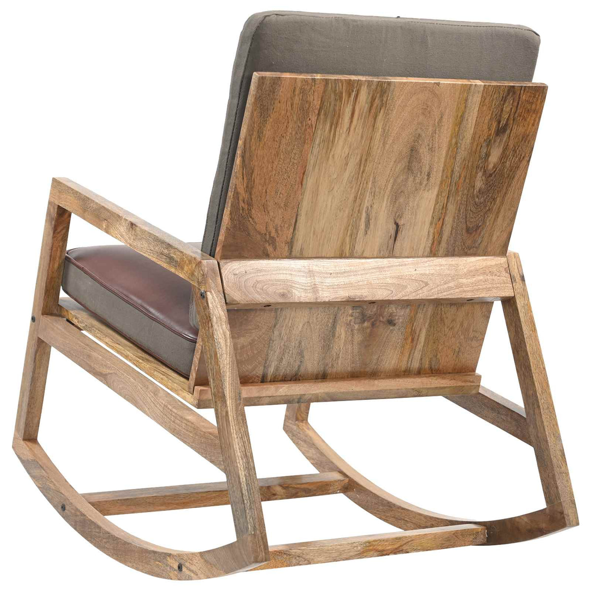 Sedia a Dondolo Marrone in Vera Pelle e Legno Massello di Mango
