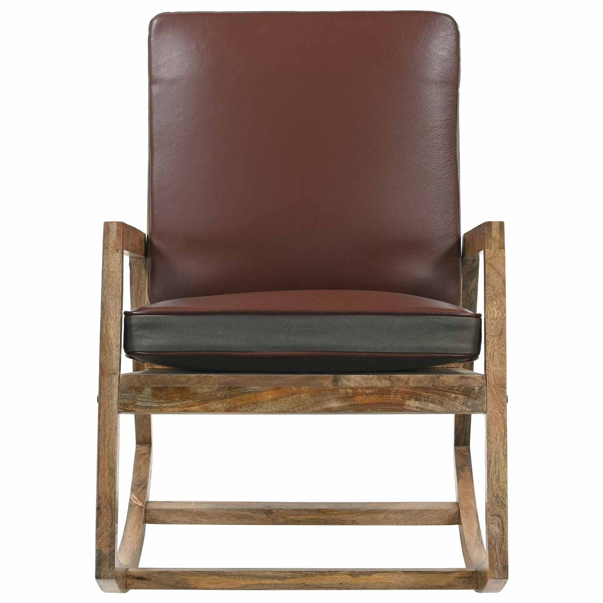 Sedia a Dondolo Marrone in Vera Pelle e Legno Massello di Mango