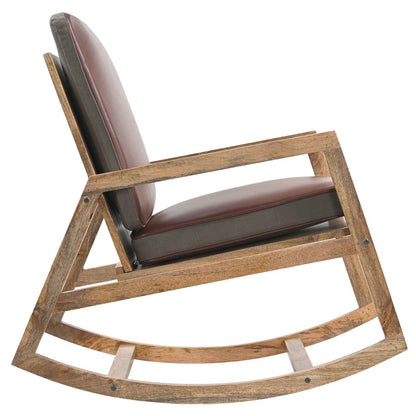 Sedia a Dondolo Marrone in Vera Pelle e Legno Massello di Mango