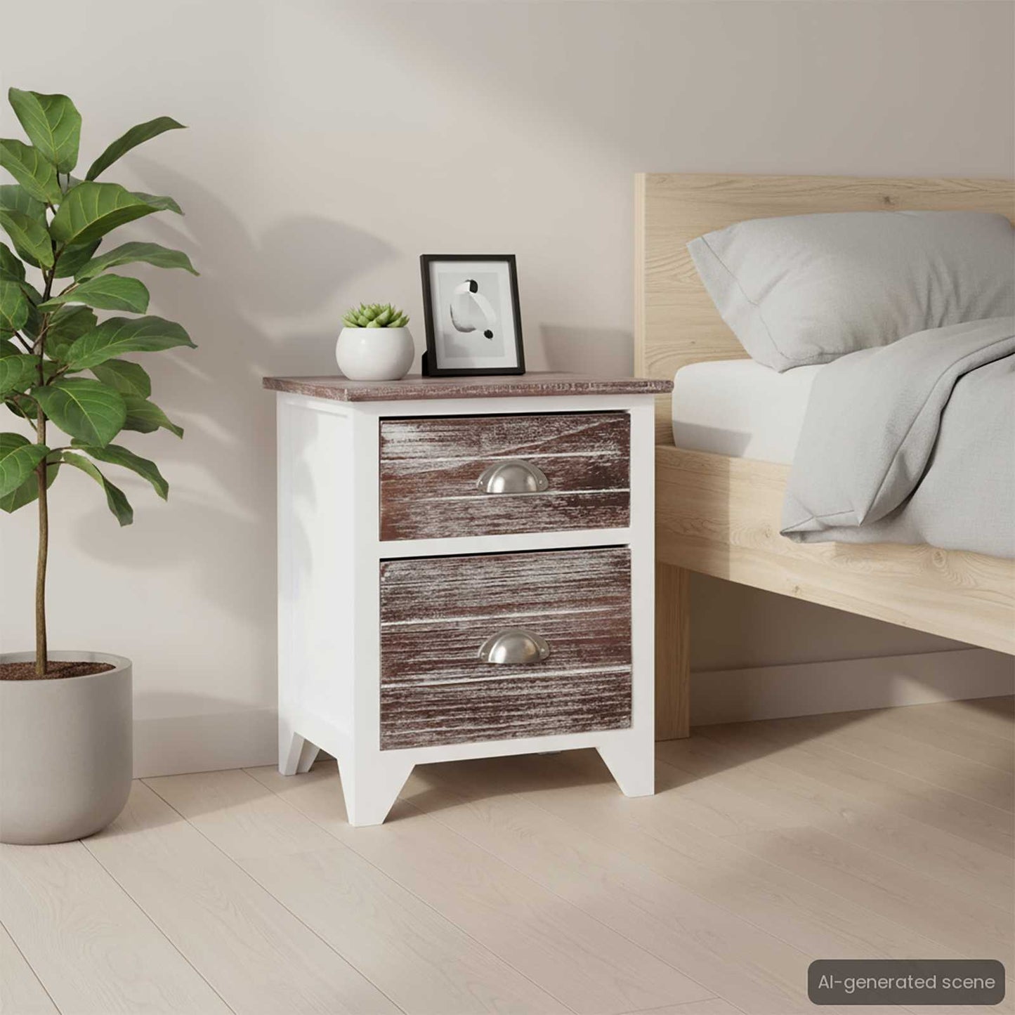 Comodino Marrone e Bianco 38x28x45 cm in Legno di Paulownia