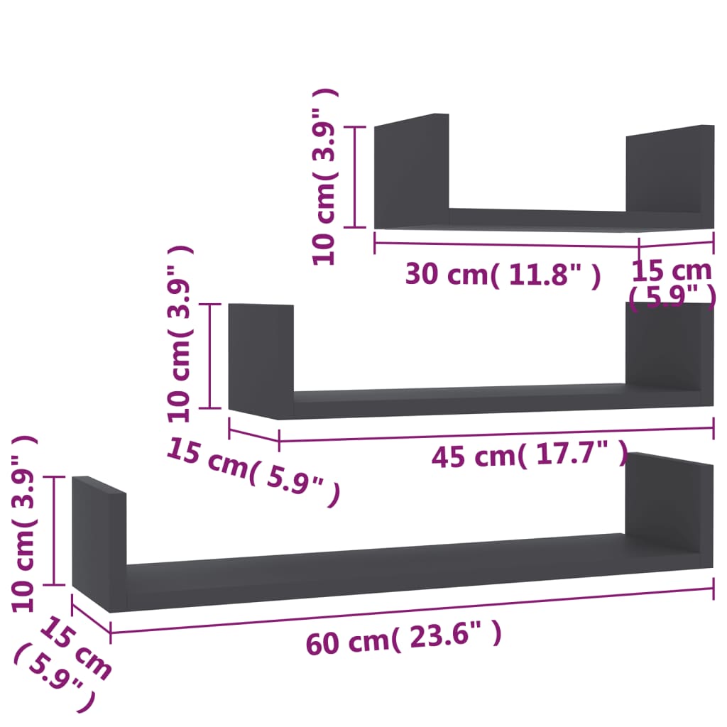 Mensole a Muro 3 pz Grigio in Legno Multistrato | homemem39