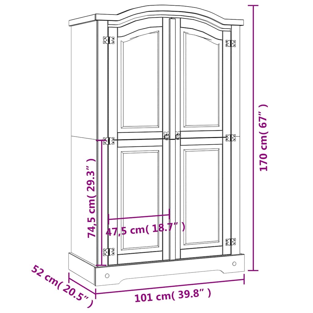 vidaXL Armadio in Legno di Pino Messicano Corona 2 Ante Grigio