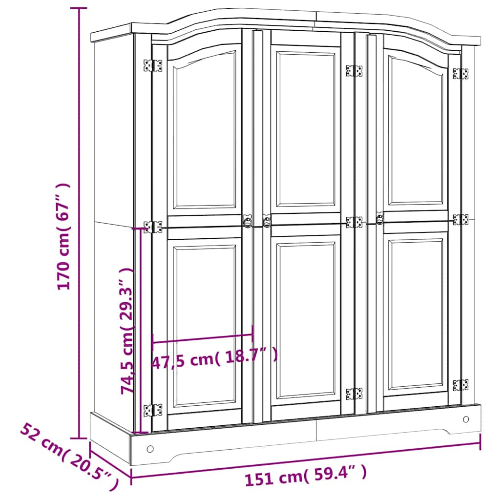 vidaXL Armadio in Legno di Pino Messicano Corona 3 Ante Grigio