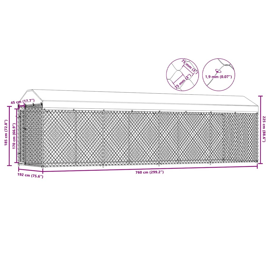 Recinzione per Cani da Esterno con Tetto 760x190x225 cm | homemem39