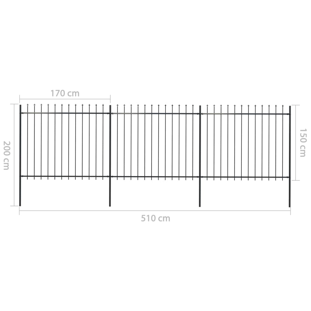 Garden Fence with Steel Spear Tip 5.1x1.5m Black