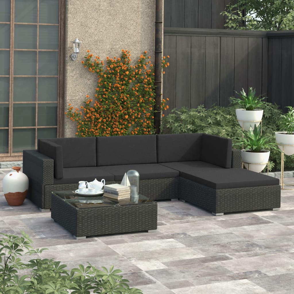 Set Divani da Giardino 5 pz con Cuscini in Polyrattan Nero - homemem39