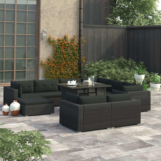 Set Divani da Giardino 10 pz con Cuscini in Polyrattan Nero