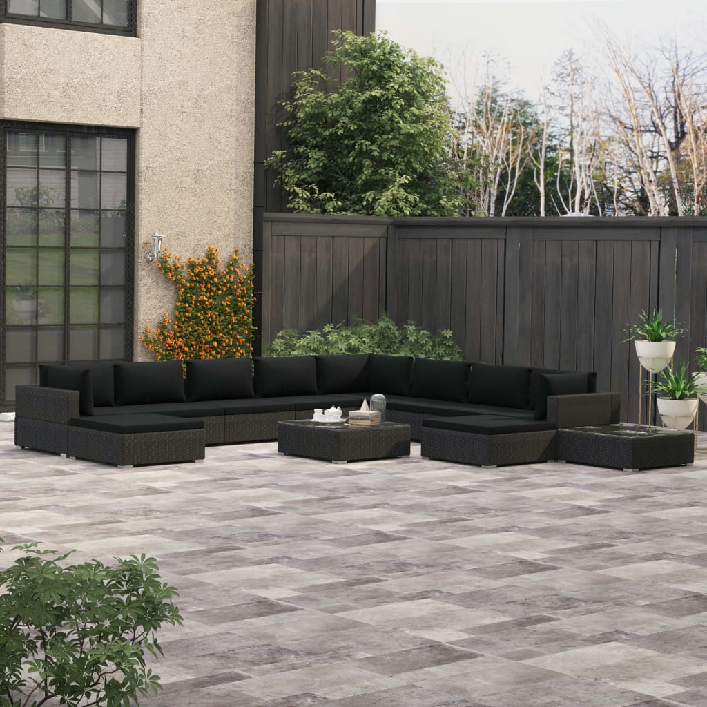 Set Divani da Giardino 12 pz con Cuscini in Polyrattan Nero - homemem39