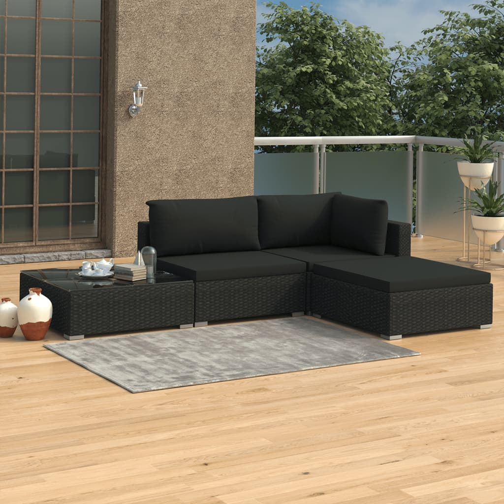 Set Divani da Giardino 4 pz con Cuscini in Polyrattan Nero - homemem39