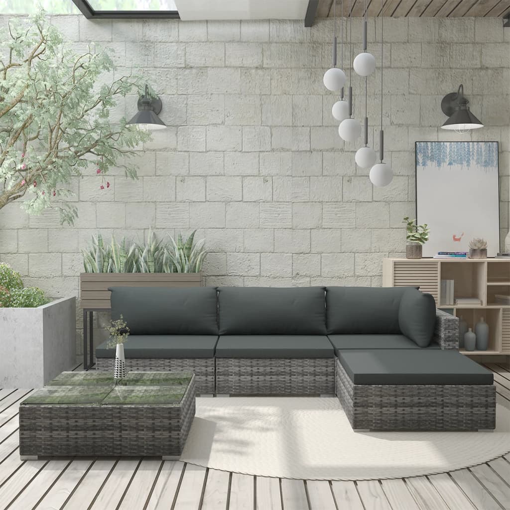 Set Divani da Giardino 5 pz con Cuscini in Polyrattan Grigio | homemem39