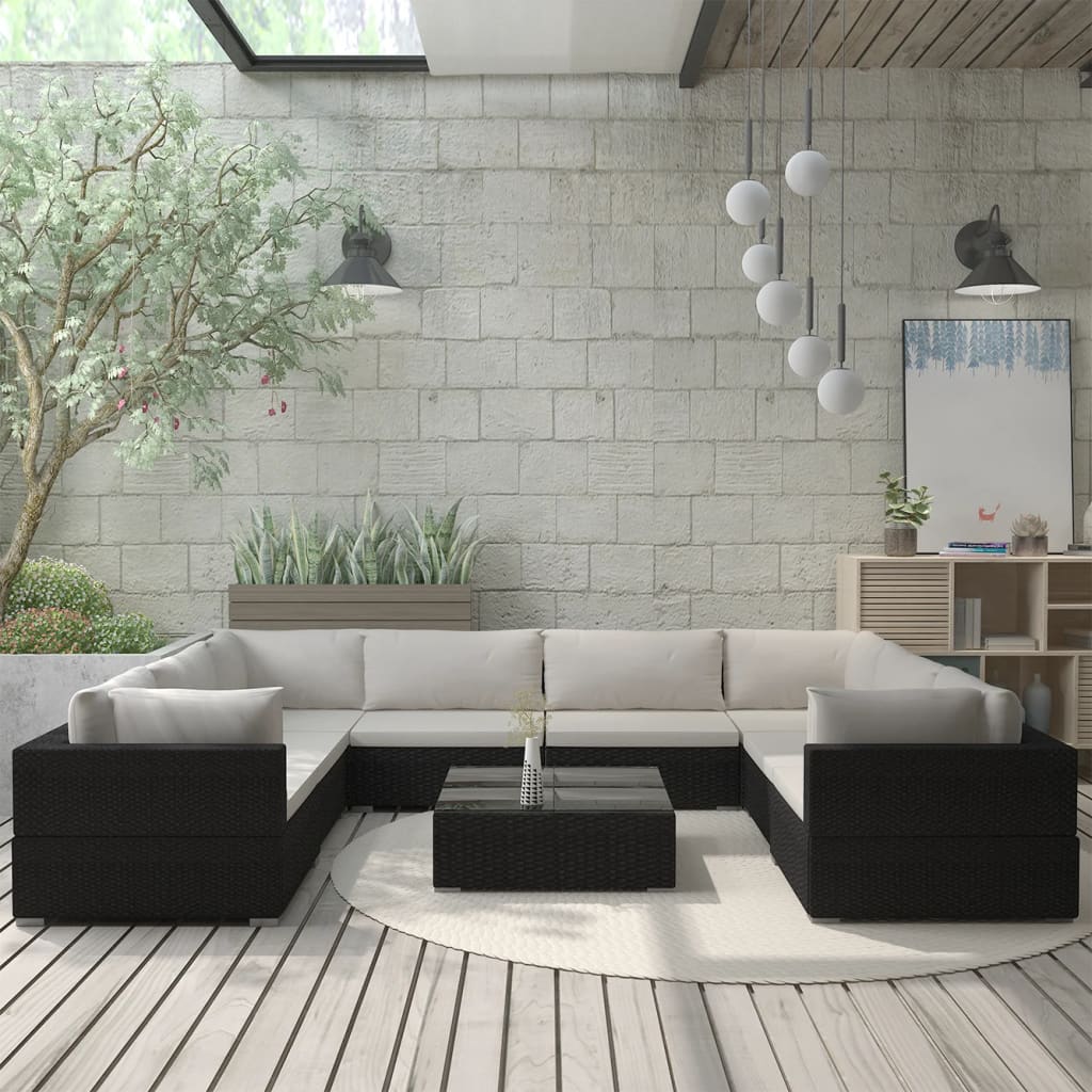 Set Divani da Giardino 9 pz con Cuscini in Polyrattan Nero | homemem39