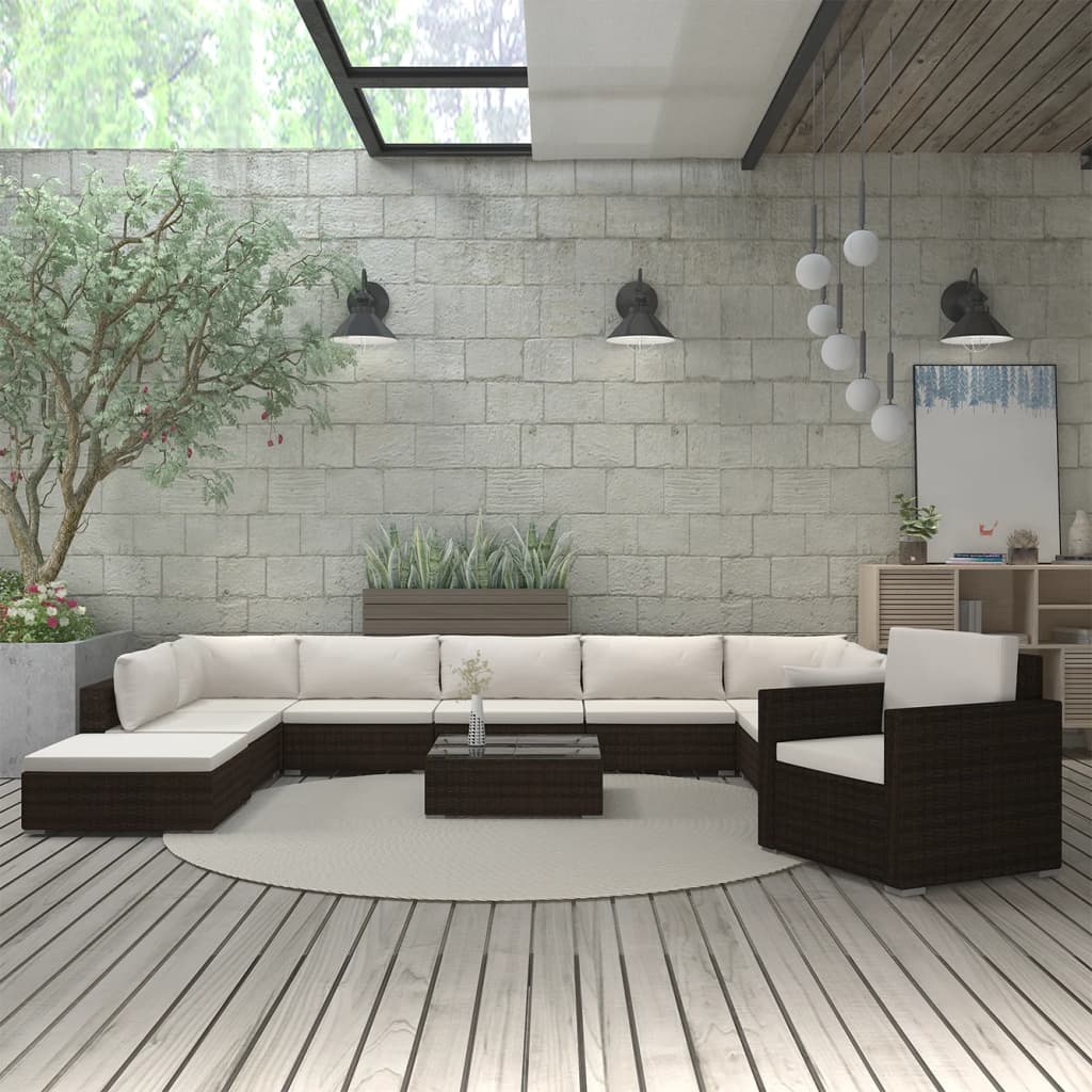 Set Divani da Giardino 11 pz con Cuscini in Polyrattan Marrone - homemem39
