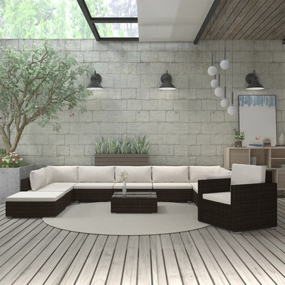 Set Divani da Giardino 11 pz con Cuscini in Polyrattan Marrone - homemem39