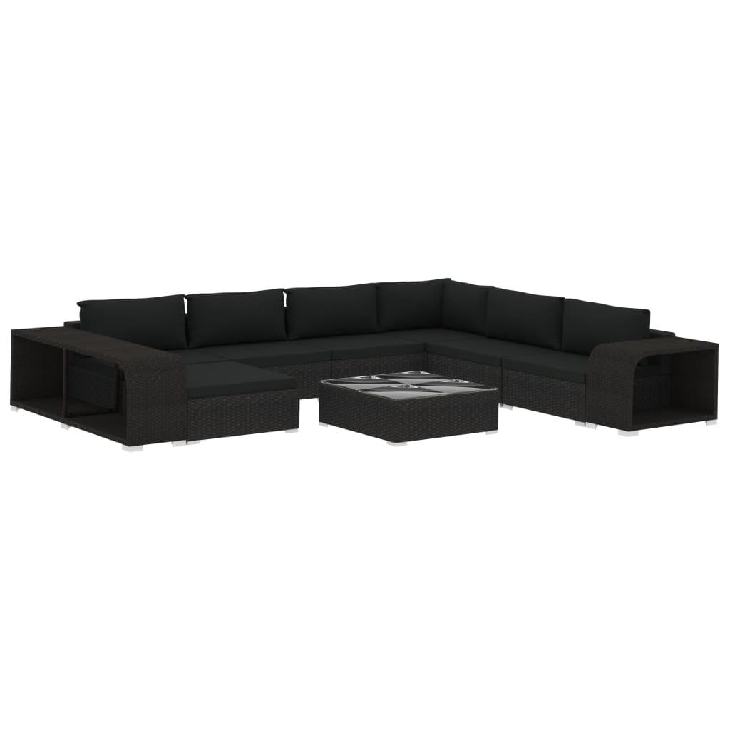 Set Divani da Giardino 10 pz con Cuscini in Polyrattan Nero - homemem39