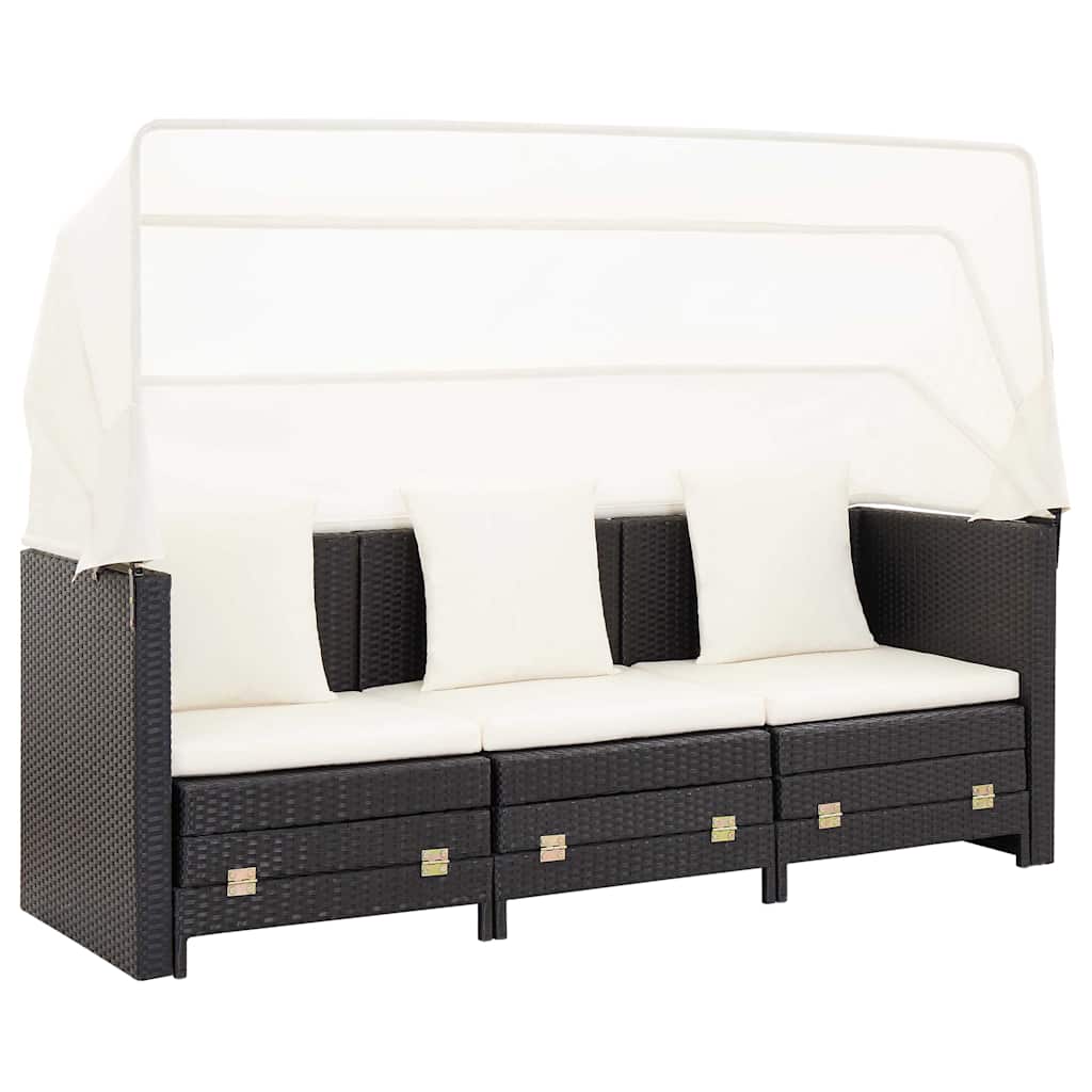 Divano Letto a 3 Posti Estendibile con Tetto Polyrattan Nero