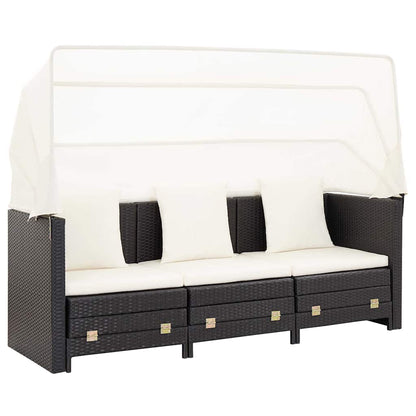 Divano Letto a 3 Posti Estendibile con Tetto Polyrattan Nero