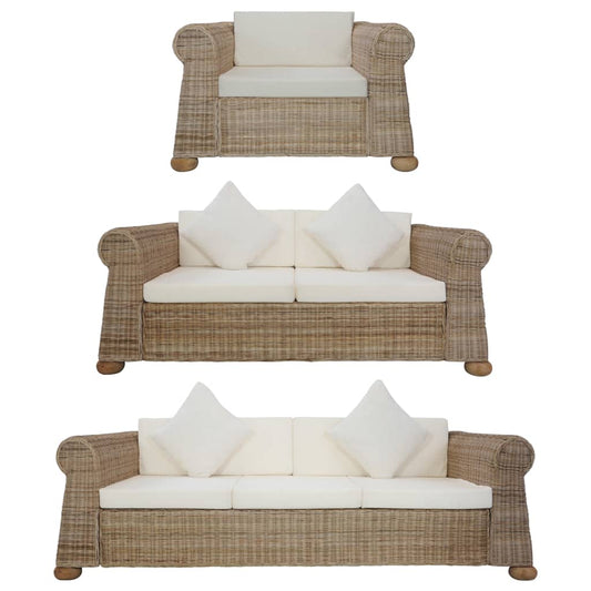 Set di Divani 3 pz con Cuscini in Rattan Naturale