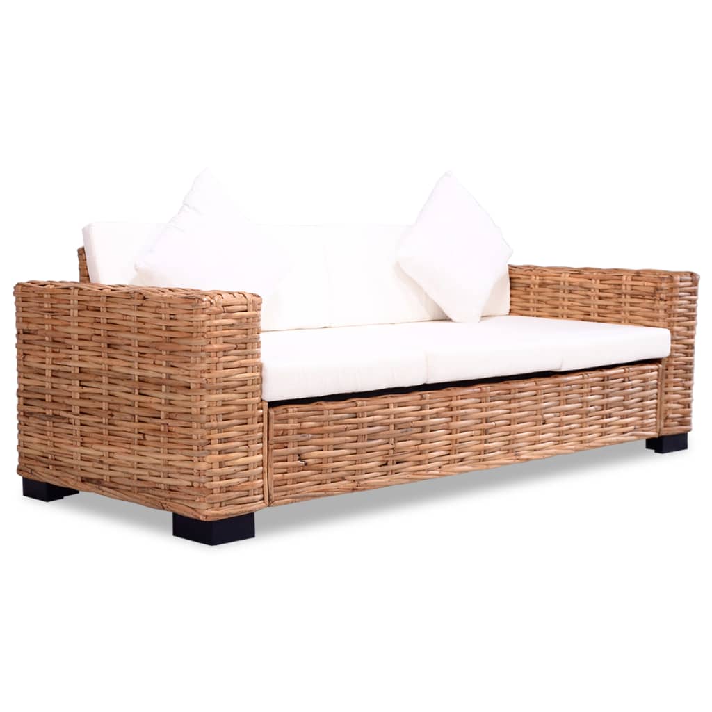 Set Divani 3 pz con Cuscini in Rattan Naturale