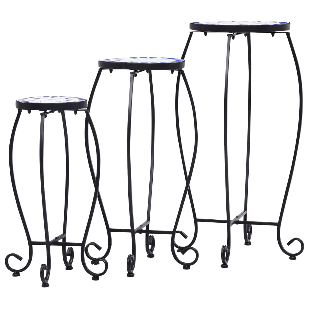 Tavolini con Mosaico 3 pz Blu e Bianco in Ceramica
