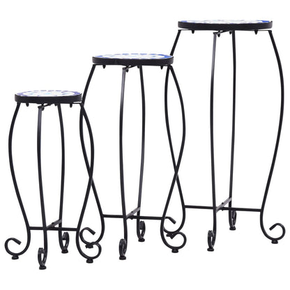 Tavolini con Mosaico 3 pz Blu e Bianco in Ceramica