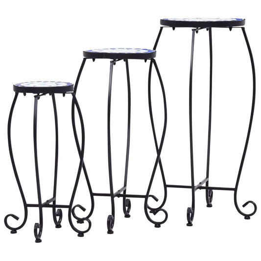 Tavolini con Mosaico 3 pz Blu e Bianco in Ceramica