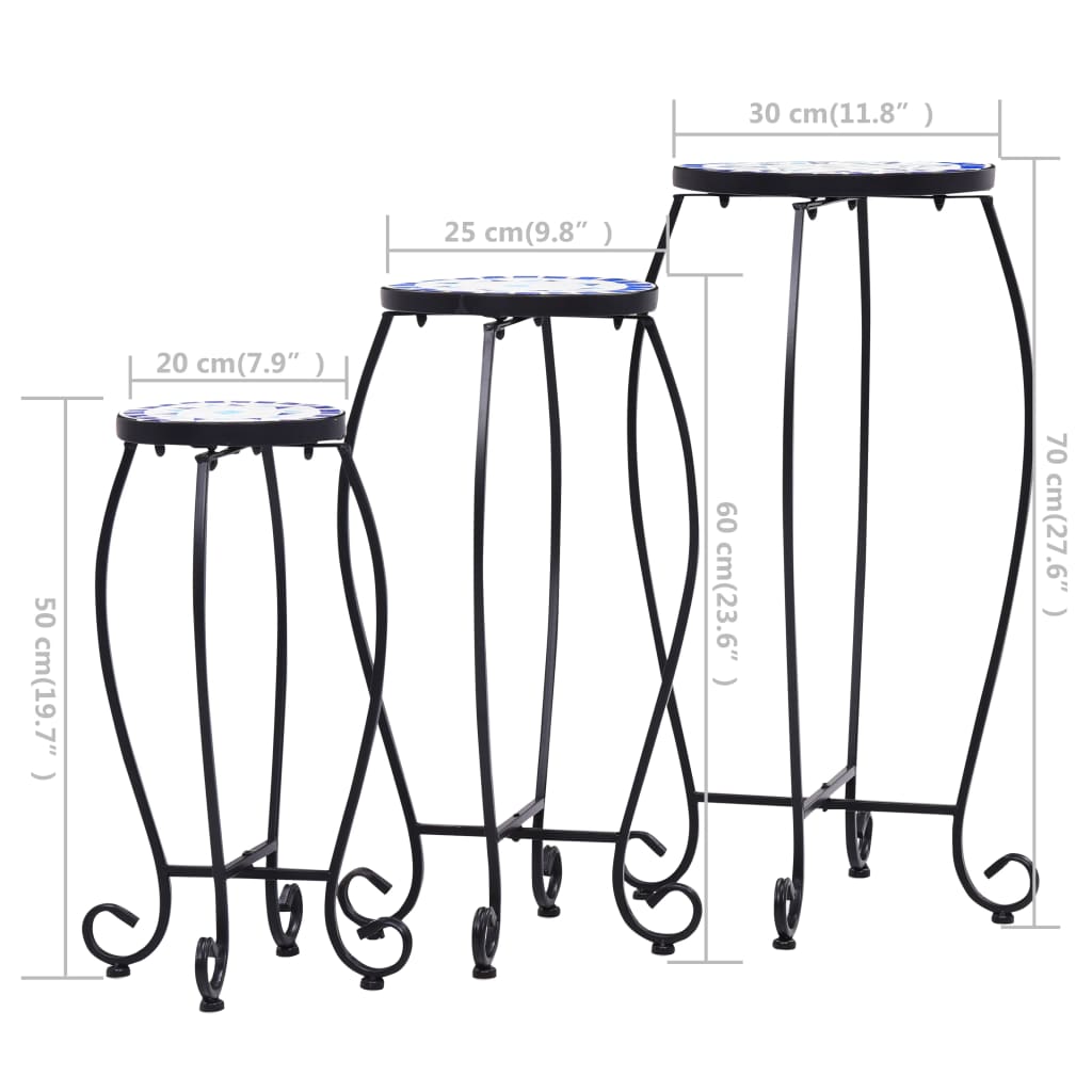 Tavolini con Mosaico 3 pz Blu e Bianco in Ceramica