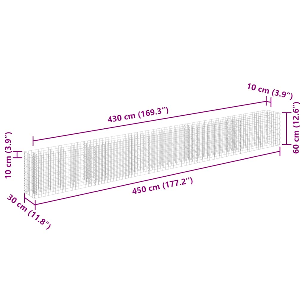 Gabbione Letto Rialzato in Acciaio Zincato 450x30x60 cm | homemem39