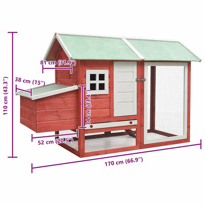 Pollaio Rosso 170x81x110 cm in Legno Massello di Pino e Abete - homemem39