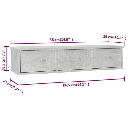Scaffale Cassetti Parete Grigio Cemento 88x26x18,5 Multistrato