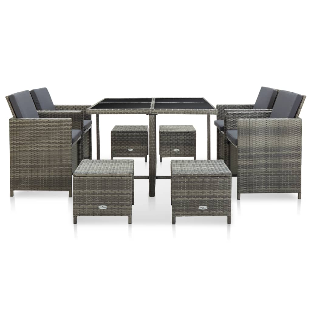 Set da Pranzo da Giardino 9 pz con Cuscini in Polyrattan Grigio - homemem39