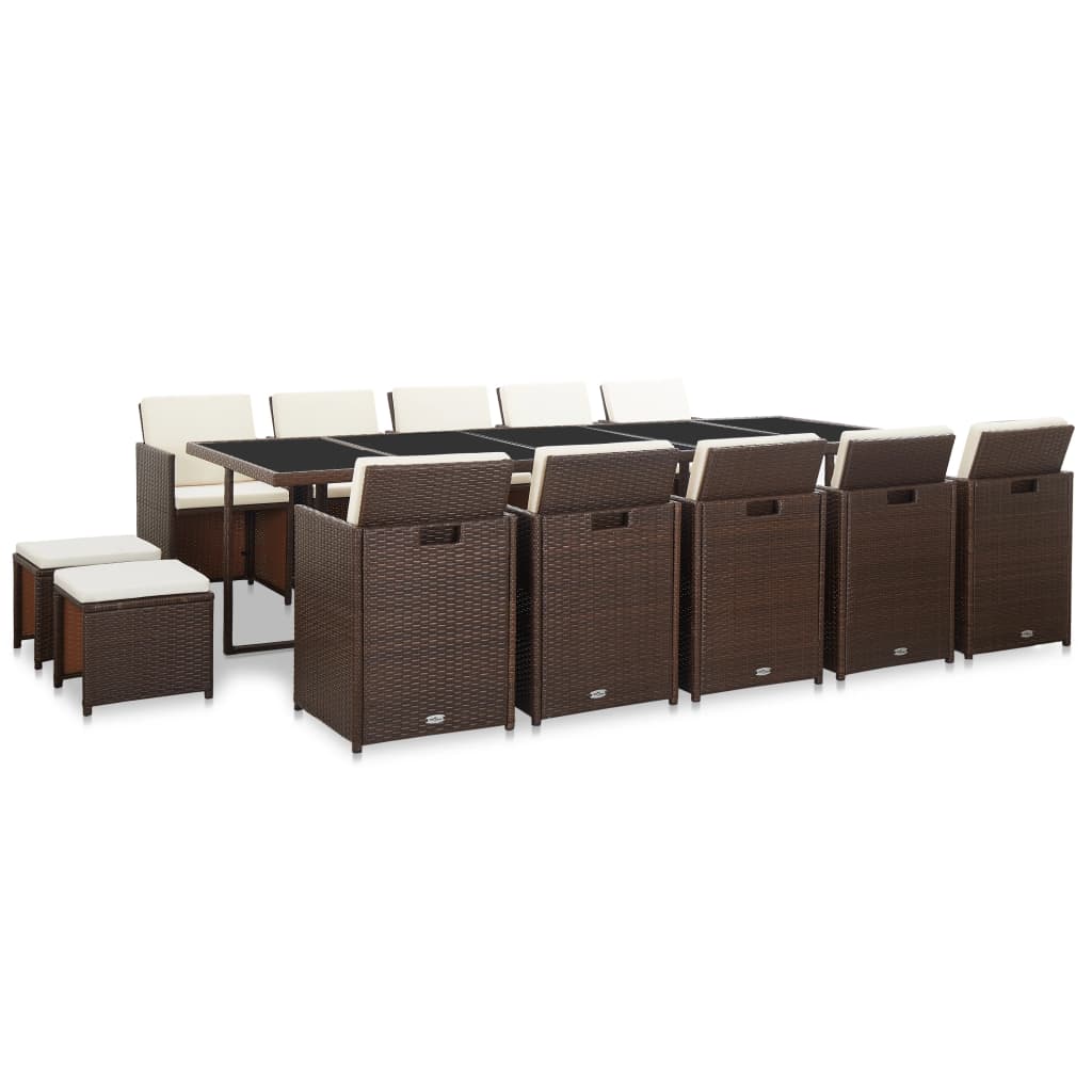 Set da Pranzo da Giardino 15 pz con Cuscini Polyrattan Marrone | homemem39