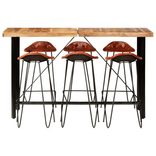 Set da Bar 7 pz in Legno Massello di Acacia e Vera Pelle