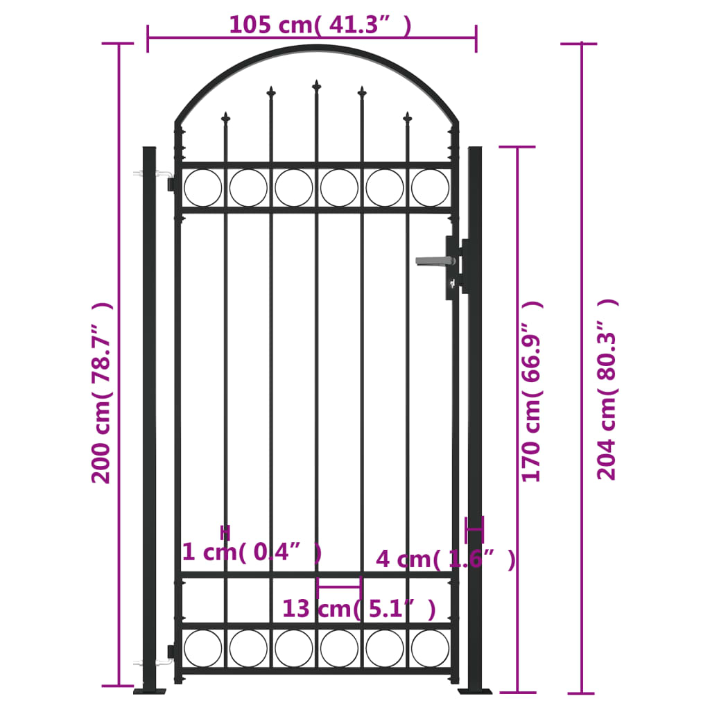 Cancello per Recinzione ad Arco con 2 Pali 105x204 cm Nero - homemem39