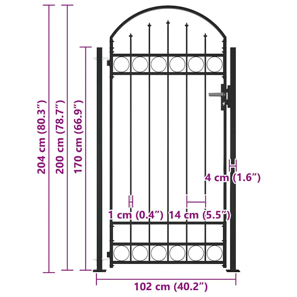 Cancello per recinzione ASSEN con parte superiore ad arco e 2 pali 105x170 cm Nero | homemem39