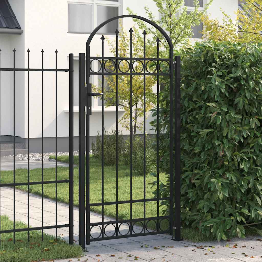 Cancello per recinzione ASSEN con parte superiore ad arco e 2 pali 105x170 cm Nero | homemem39