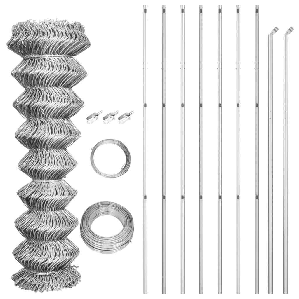 Recinzione in Rete con Pali in Acciaio Zincato 15x1,5 m Argento