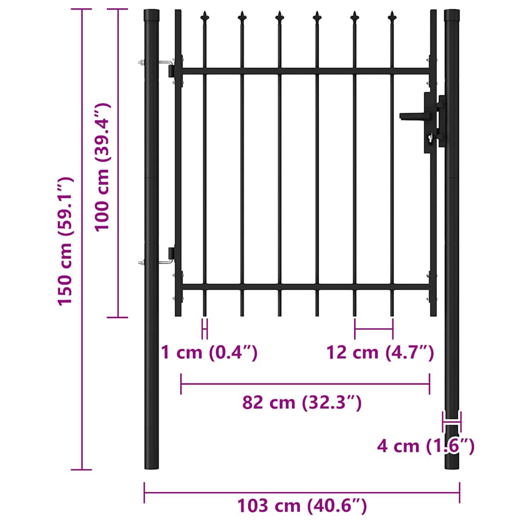 Cancello per recinzione BOXTEL porta singola con punta in acciaio 1x1 m Nero | homemem39