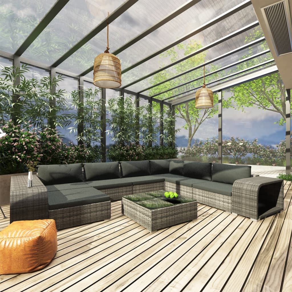 Set Divani da Giardino 10 pz con Cuscini in Polyrattan Grigio | homemem39