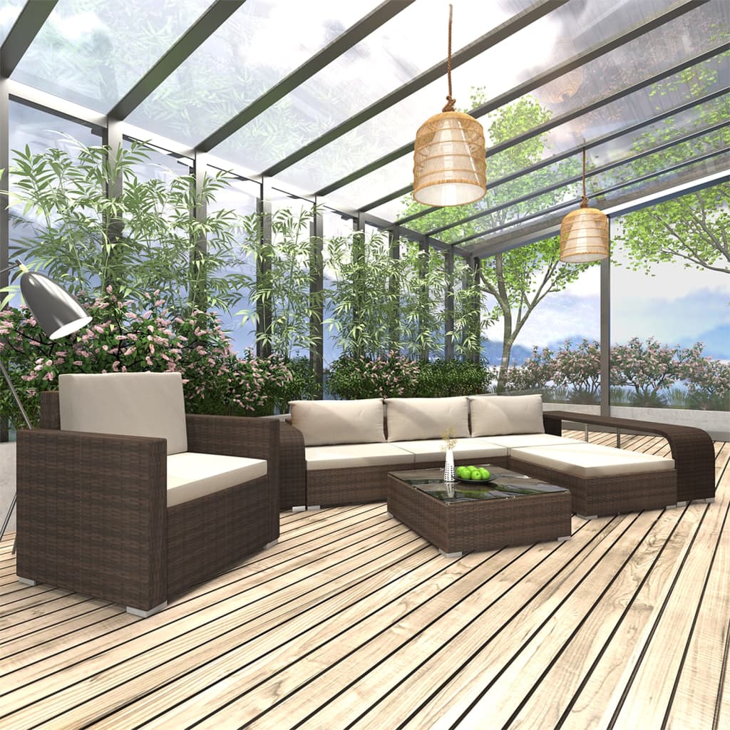 Set Divani da Giardino 8 pz con Cuscini in Polyrattan Marrone | homemem39