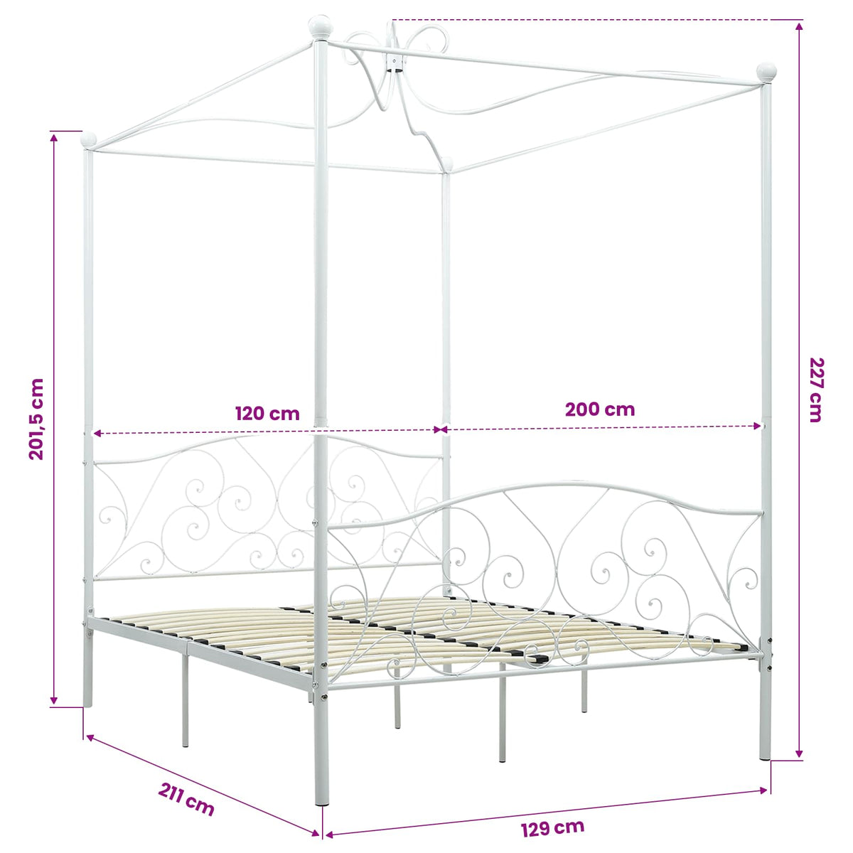 Letto a Baldacchino Bianco in Metallo 120x200 cm