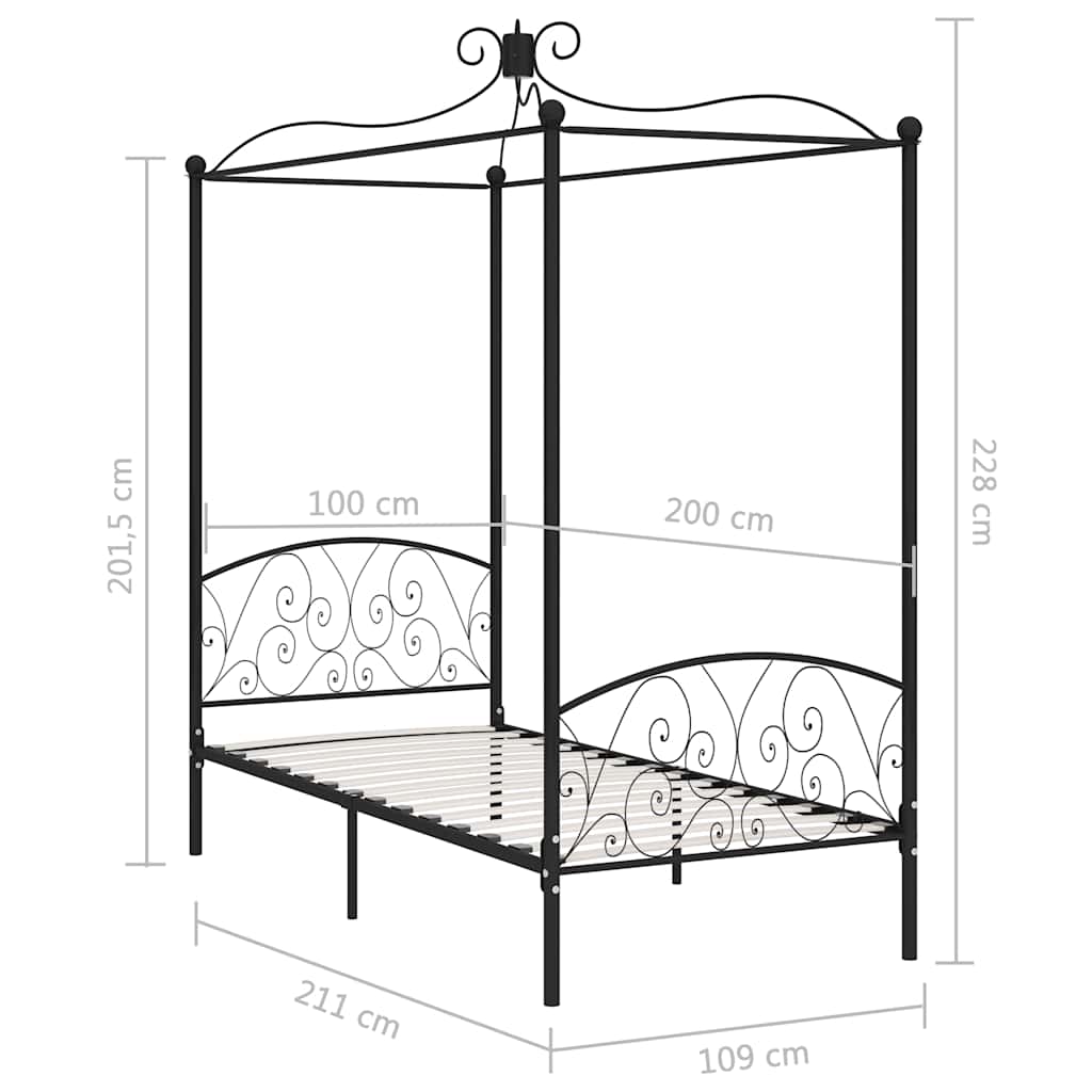 Letto a Baldacchino Nero in Metallo 100x200 cm | homemem39