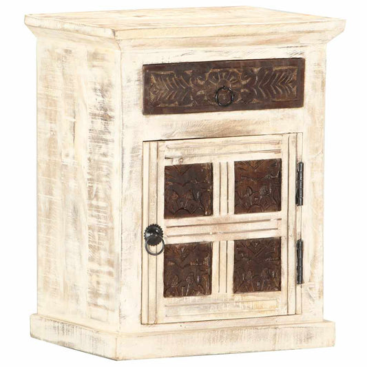 Comodino Bianco 40x30x50 cm in Legno Massello di Mango