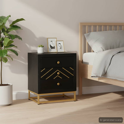 Comodino Nero e Oro 40x30x50 cm in Legno Massello di Mango