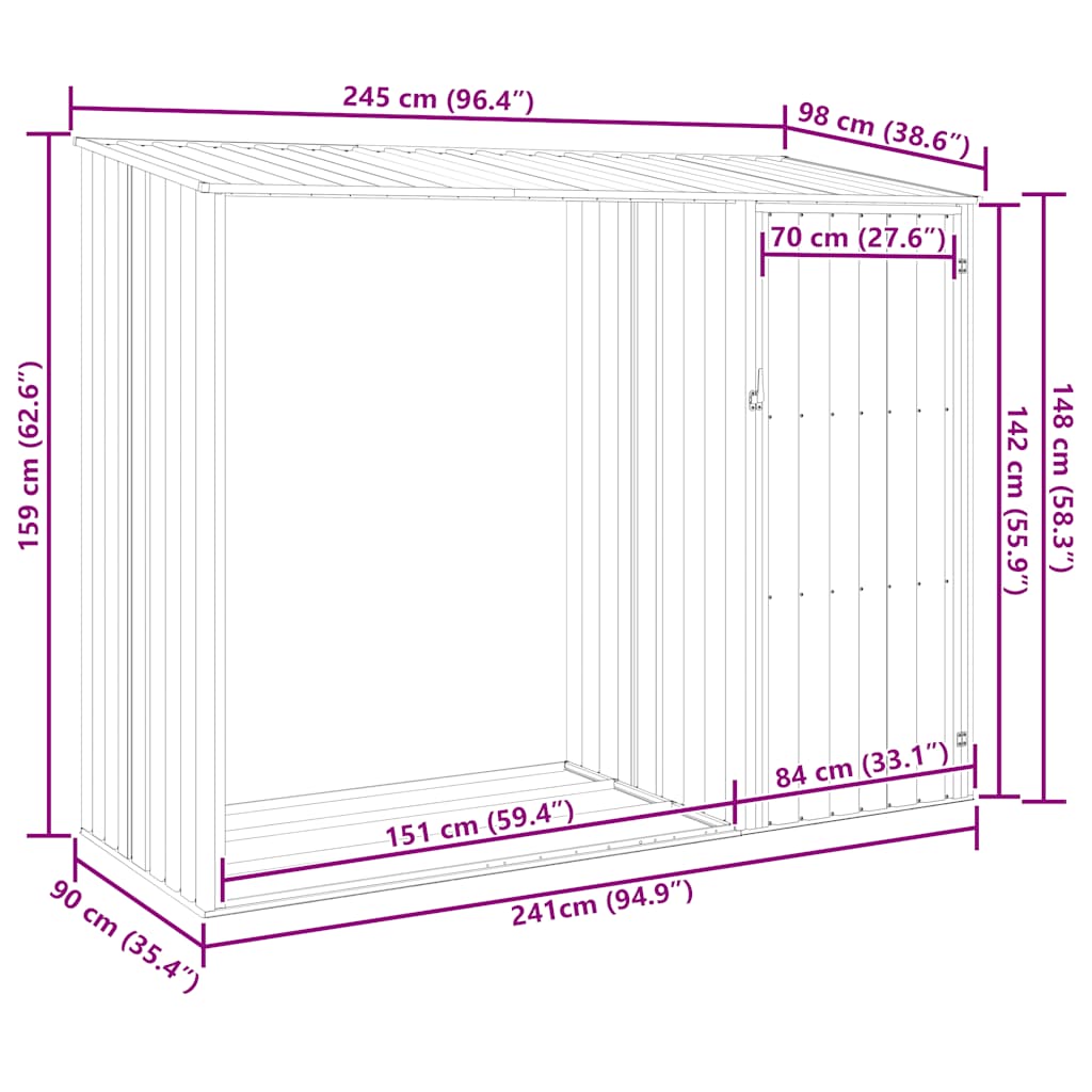 Capanno per Legna Antracite 245x98x159 cm in Acciaio Zincato - homemem39