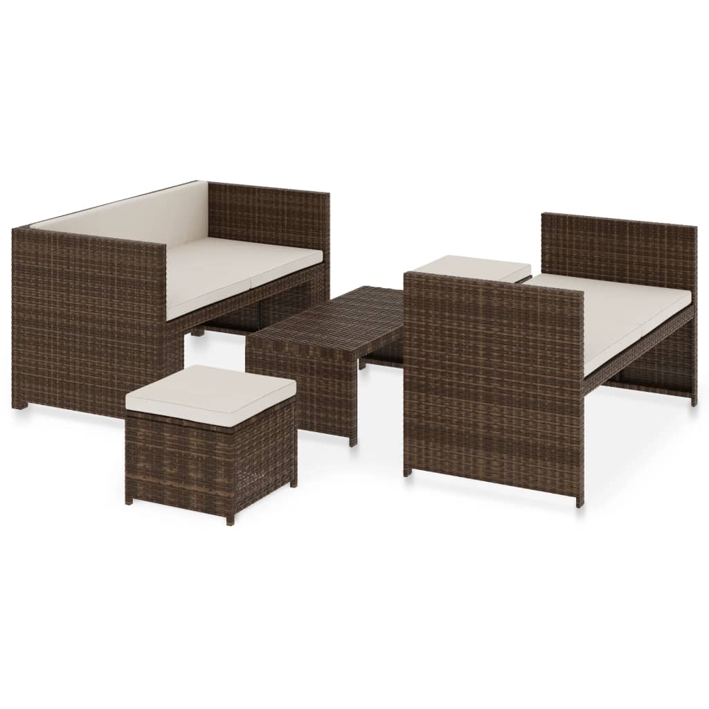 Set Divani da Giardino 5 pz con Cuscini in Polyrattan Marrone | homemem39