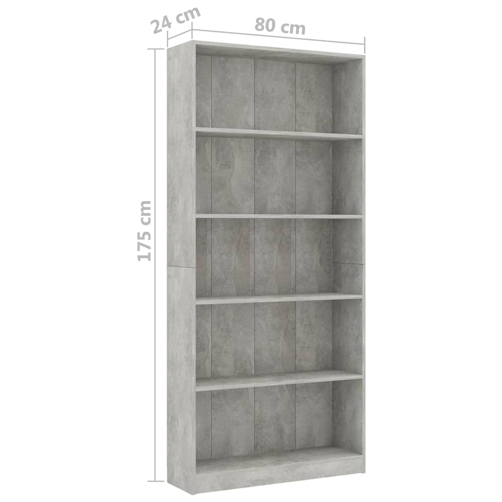Libreria 5 Ripiani Grigio Cemento 80x24x175cm Legno Multistrato | homemem39