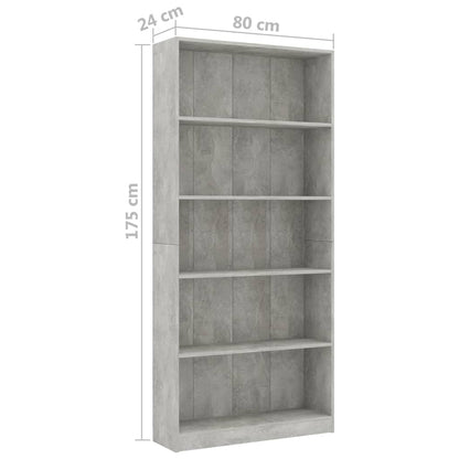 Libreria 5 Ripiani Grigio Cemento 80x24x175cm Legno Multistrato | homemem39