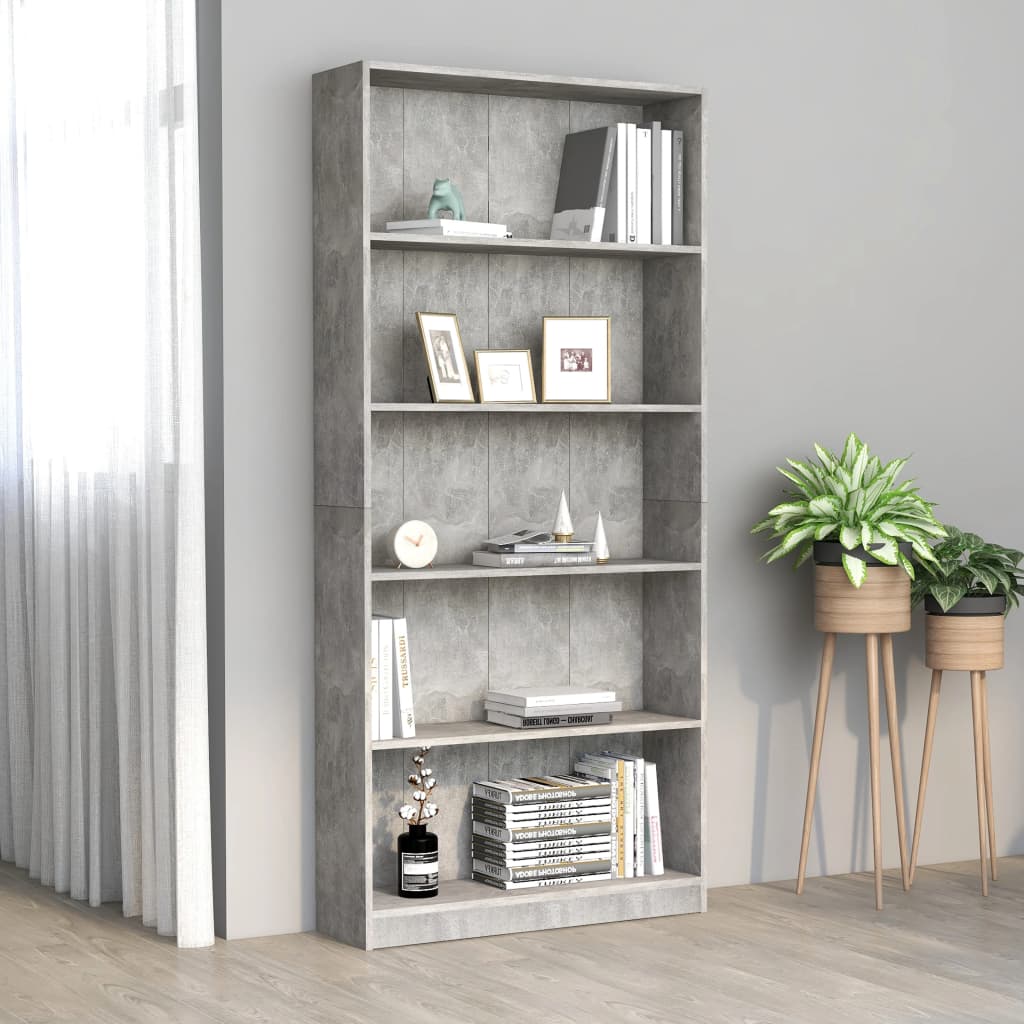 Libreria 5 Ripiani Grigio Cemento 80x24x175cm Legno Multistrato | homemem39