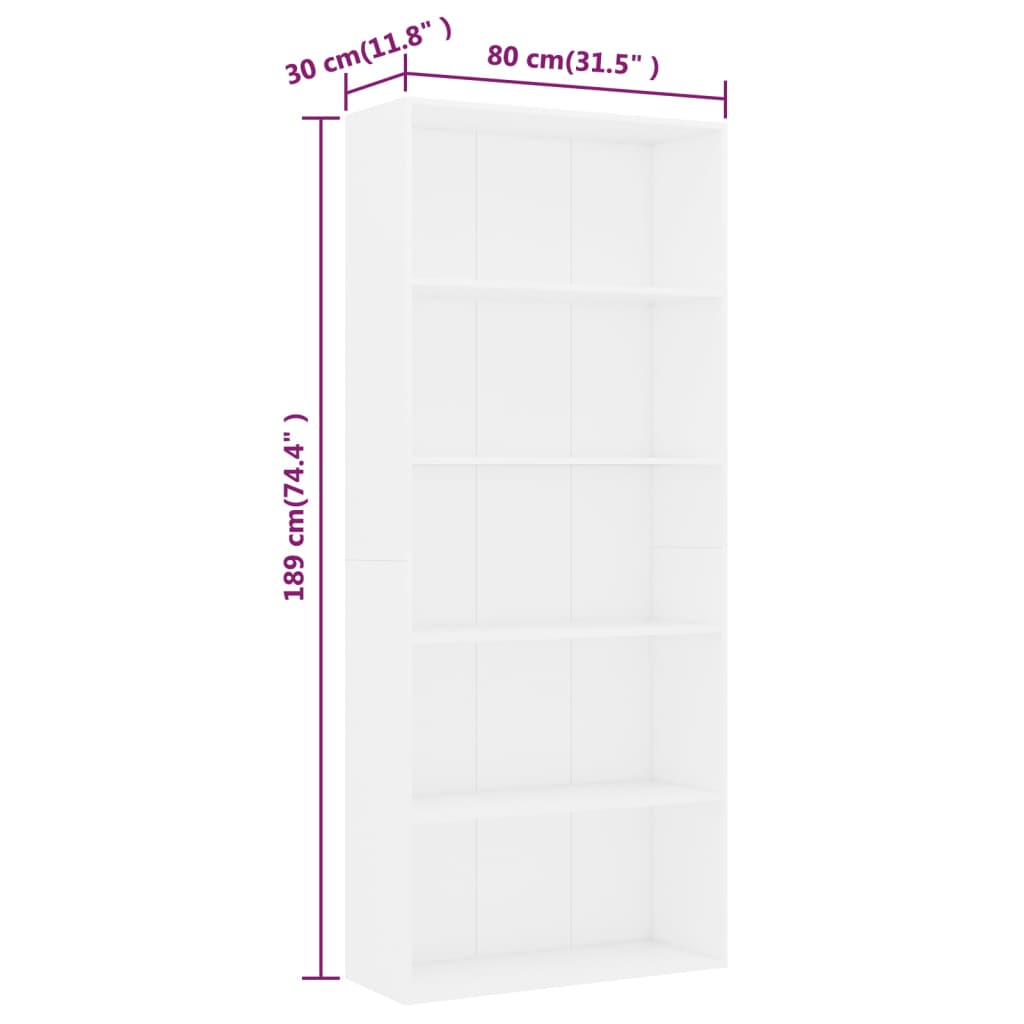 Libreria a 5 Ripiani Bianca 80x30x189 cm in Legno Multistrato | homemem39