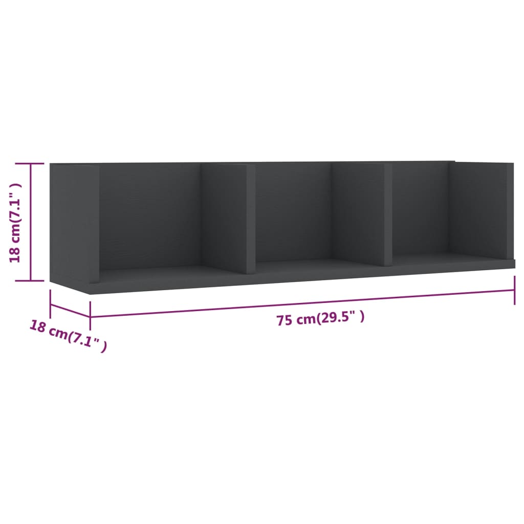 Scaffale Porta CD a Parete Grigio 75x18x18 cm Legno Multistrato | homemem39
